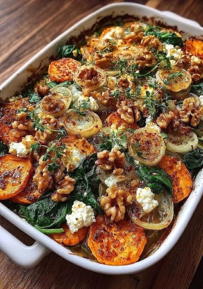 Roasted Sweet Potato, Spinach, Caramelized Onion, Feta & Walnut Bake!