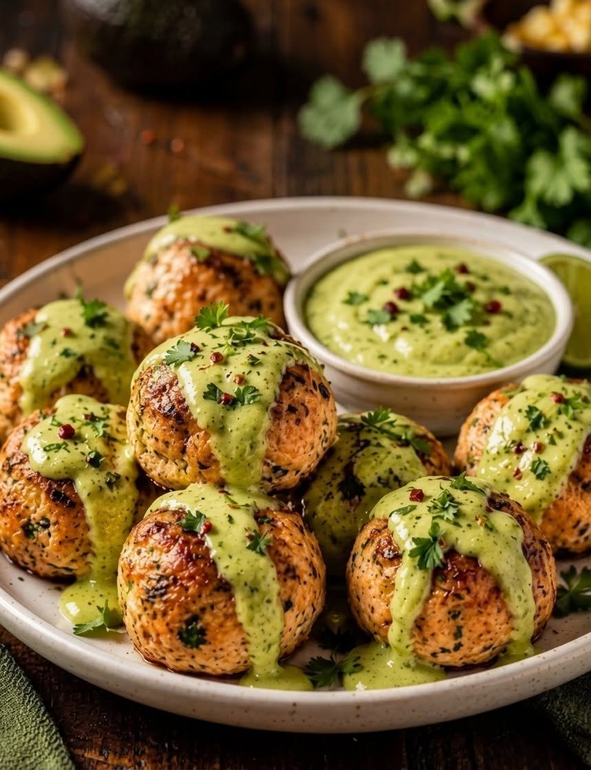 Baked Salmon Meatballs with Creamy Avocado Sauce!