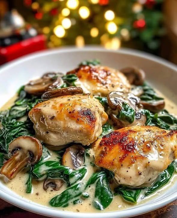 Chicken with Spinach & Mushrooms in Creamy Parmesan Sauce!