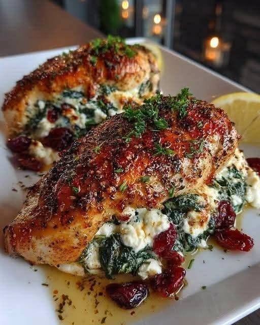 Cranberry & Spinach Stuffed Chicken Breasts with Goat Cheese!