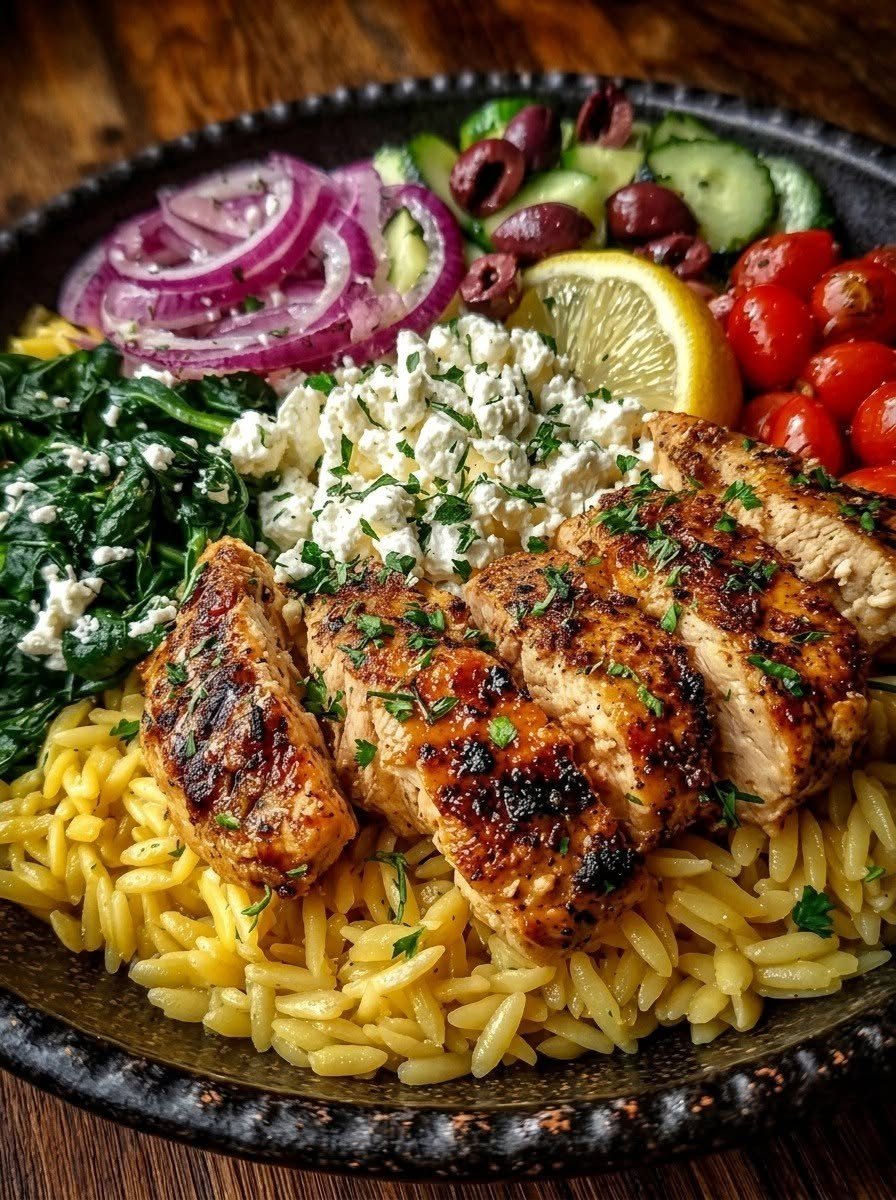 Rustic Mediterranean Lemon Garlic Chicken Orzo Bowl with Roasted Garlic Feta Cream!
